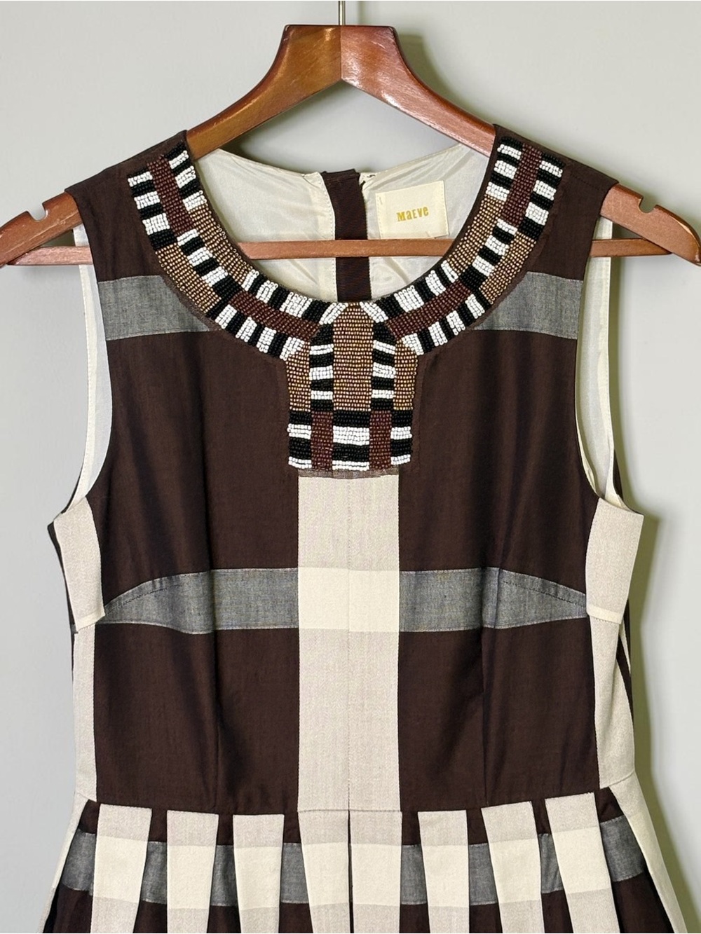 Anthropologie Maeve Beaded Plaid Fit & Flare Midi Dress 6 Brown Cream MSRP $248 - Picture 6 of 15